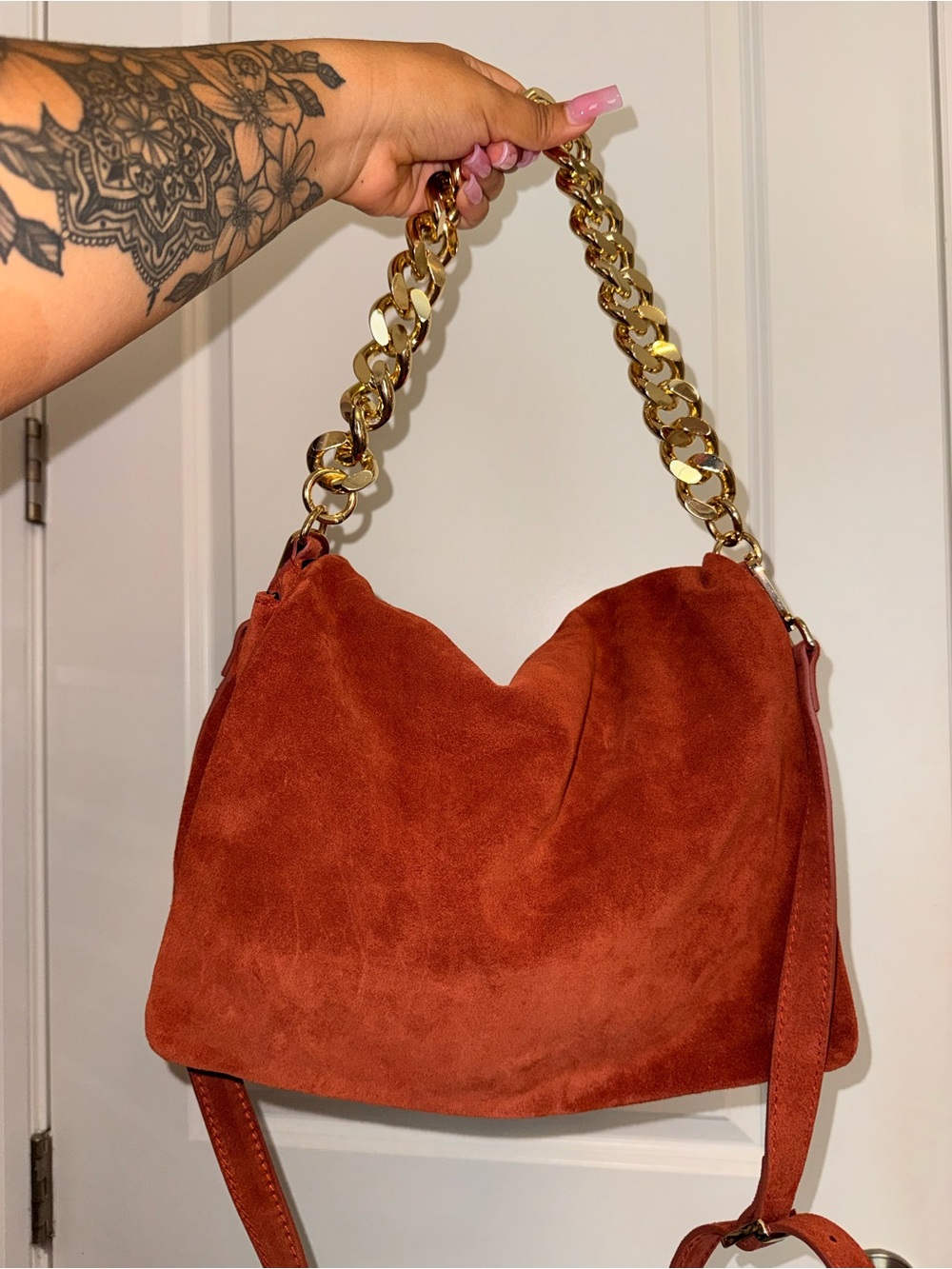 Italian Suede Shoulder Bag with Gold Chain